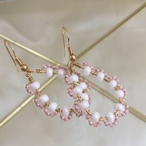 hand beaded pink and pearl hoop earrings